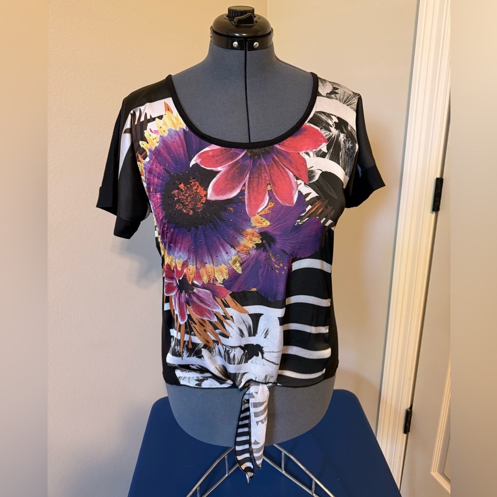 Black Floral Tie-Front Short Sleeve Top - Purple & Pink Embellished Floral
